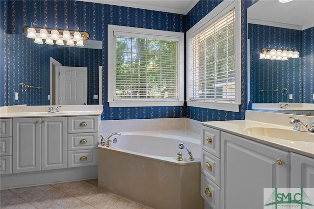 bathroom with a bath, a sink, wallpapered walls, tile patterned flooring, and crown molding