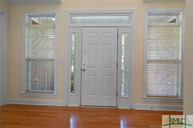 entrance foyer featuring wood finished floors and baseboards