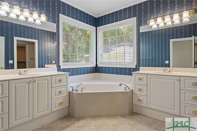 bathroom with wallpapered walls, two vanities, and a sink