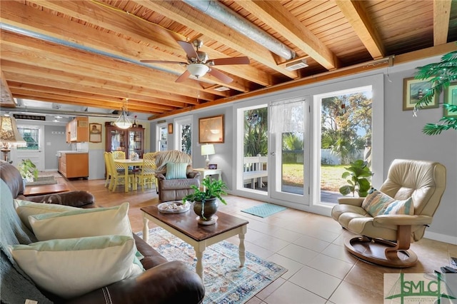 interior space featuring beam ceiling, a ceiling fan, wooden ceiling, and light tile patterned floors