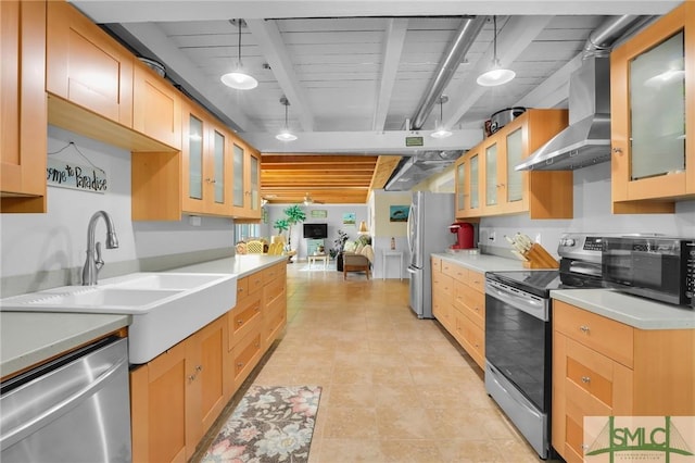 kitchen with light countertops, wall chimney range hood, appliances with stainless steel finishes, and a sink