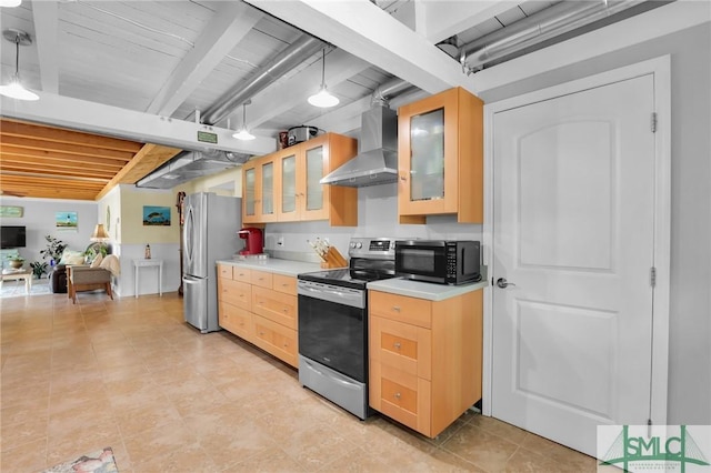 kitchen with wall chimney range hood, light brown cabinetry, glass insert cabinets, light countertops, and appliances with stainless steel finishes