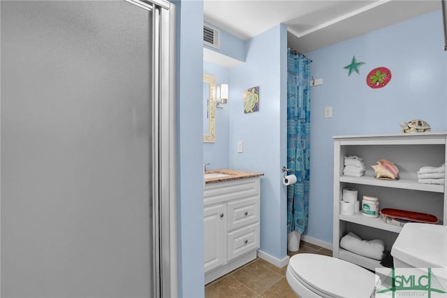 bathroom with curtained shower, tile patterned floors, visible vents, toilet, and vanity