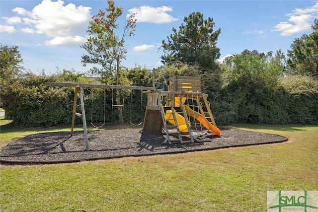 view of play area featuring a lawn