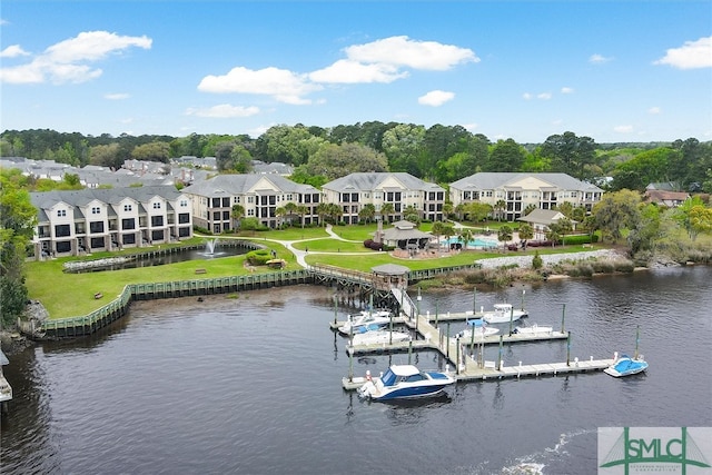 drone / aerial view featuring a water view