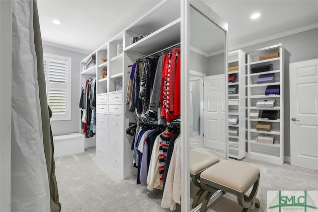 walk in closet featuring light carpet