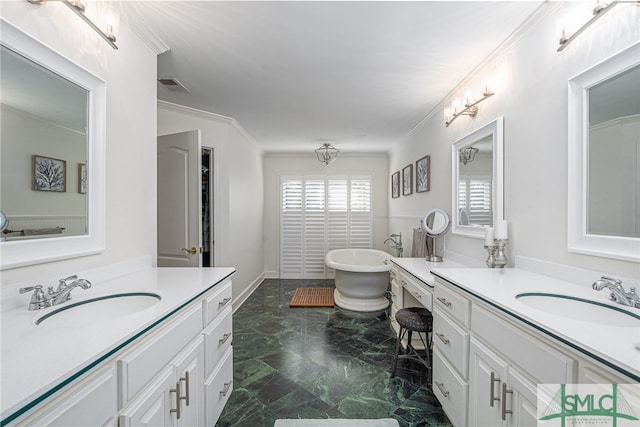 bathroom featuring vanity, ornamental molding, and a washtub