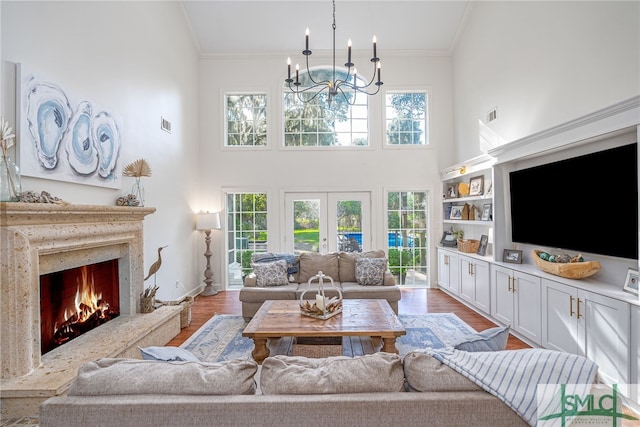 living room featuring wood-type flooring, plenty of natural light, and a premium fireplace