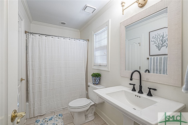 bathroom with tile patterned floors, toilet, crown molding, sink, and curtained shower