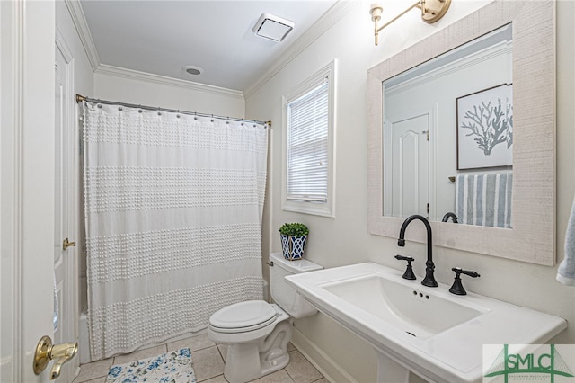 70 Marsh Creek Ln, Richmond Hill, GA 31324 - bathroom with crown molding, toilet, a shower with shower curtain, tile patterned floors, and a sink
