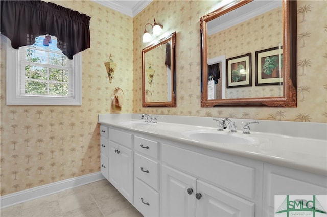 bathroom featuring vanity, ornamental molding, and tile patterned floors