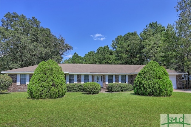 single story home with a garage and a front lawn