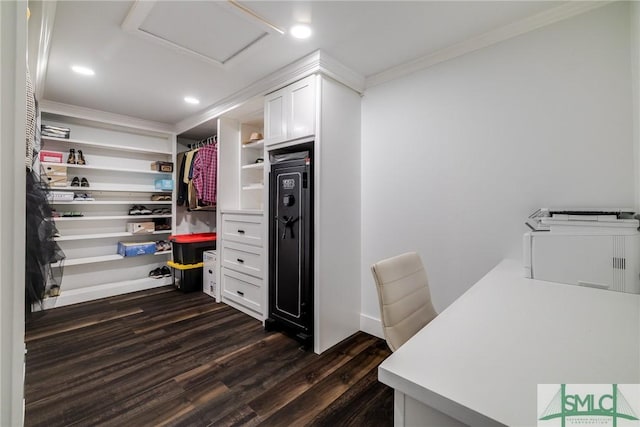 office area with crown molding and dark wood-type flooring