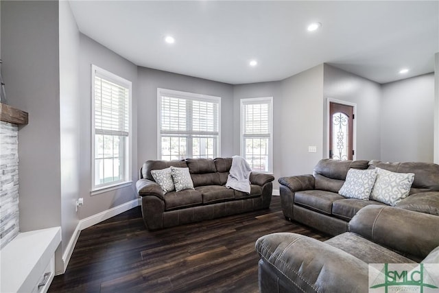 living room featuring a wealth of natural light and dark wood-type flooring