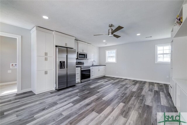 kitchen with ceiling fan, light hardwood / wood-style floors, white cabinetry, and stainless steel appliances