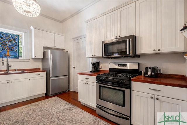 kitchen featuring sink, stainless steel appliances, dark hardwood / wood-style floors, and wood counters