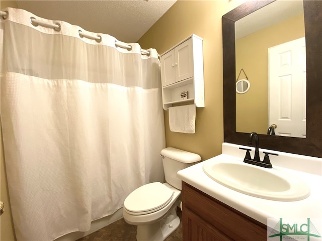 bathroom with vanity, a textured ceiling, toilet, and a shower with shower curtain