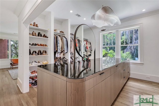 spacious closet featuring light hardwood / wood-style flooring