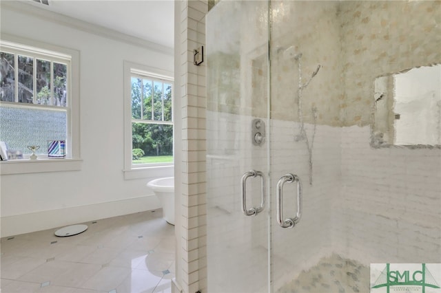 bathroom featuring ornamental molding, tile patterned floors, and separate shower and tub