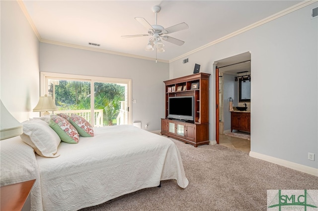 bedroom with ornamental molding, light colored carpet, and ceiling fan