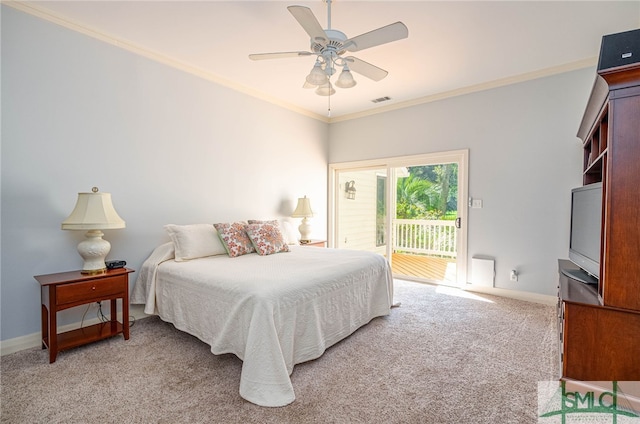 bedroom featuring crown molding, light colored carpet, baseboards, access to outside, and visible vents
