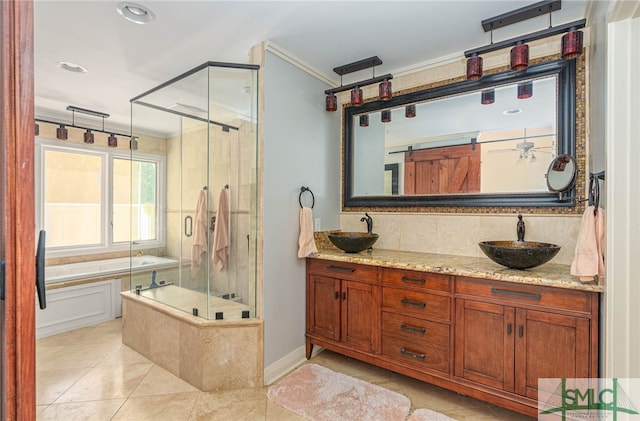 bathroom with vanity, crown molding, plus walk in shower, and tile patterned flooring