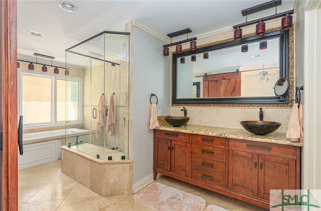full bath with a bath, a sink, ornamental molding, and a stall shower