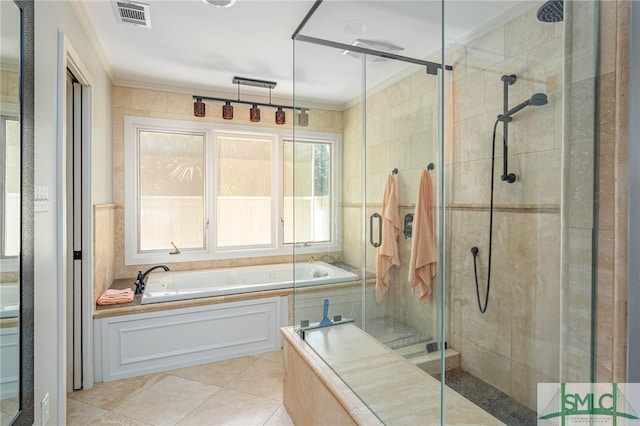 full bath with tile patterned flooring, visible vents, crown molding, a garden tub, and a stall shower