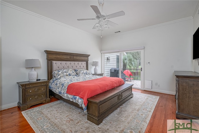 bedroom featuring ornamental molding, hardwood / wood-style floors, access to outside, and ceiling fan