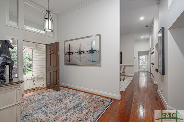 foyer entrance featuring crown molding, dark wood-type flooring, a high ceiling, and a wealth of natural light