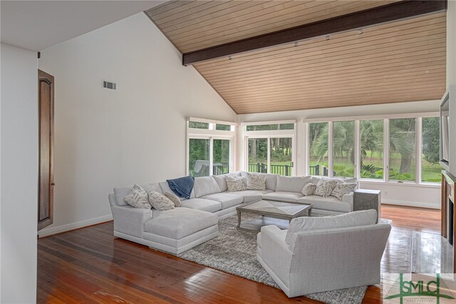 living room with dark wood-type flooring, beam ceiling, wooden ceiling, and plenty of natural light