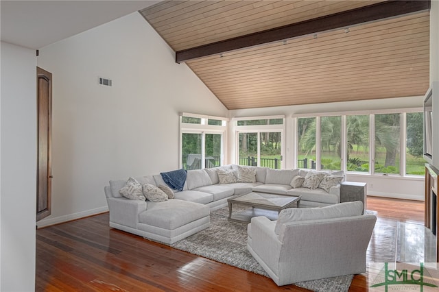 living area with wood finished floors, wood ceiling, baseboards, beam ceiling, and visible vents