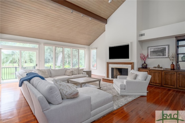 living room with high vaulted ceiling, a fireplace, wooden ceiling, dark wood-style flooring, and visible vents