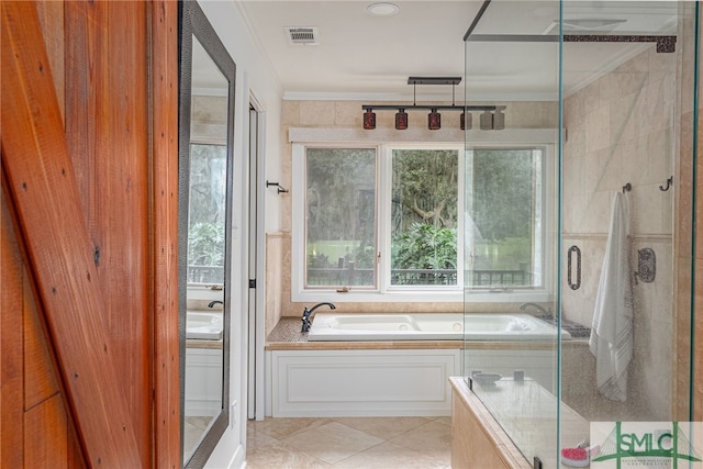 full bath with a bath, a shower stall, visible vents, and ornamental molding