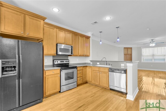 kitchen with hanging light fixtures, light hardwood / wood-style flooring, ornamental molding, sink, and stainless steel appliances