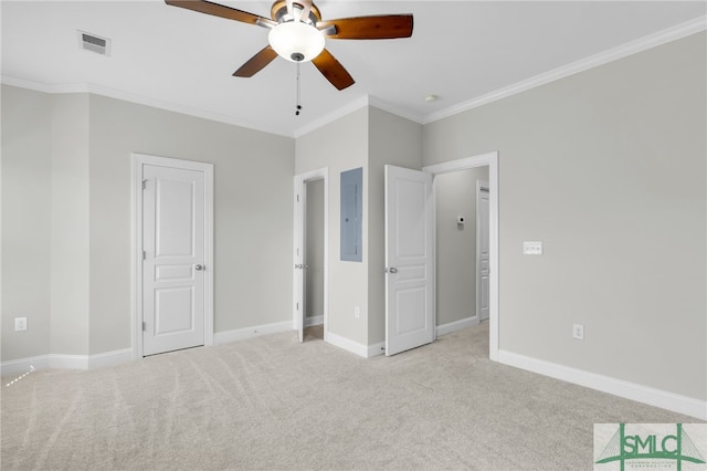 unfurnished bedroom featuring light carpet, crown molding, electric panel, and ceiling fan