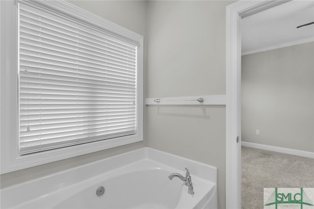 bathroom featuring a tub and ornamental molding