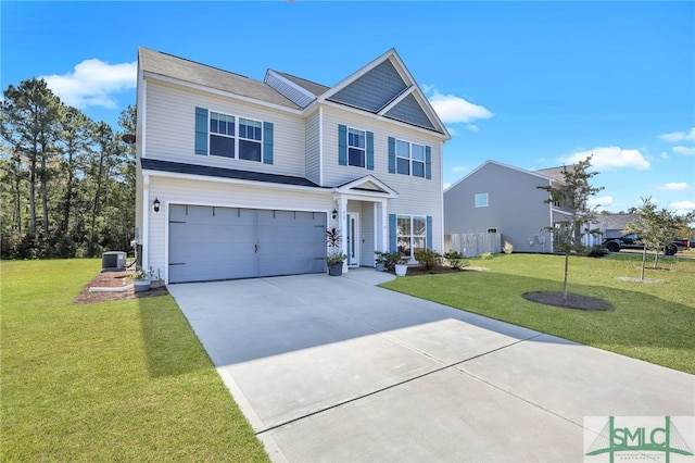 view of front of house featuring cooling unit, a garage, and a front lawn