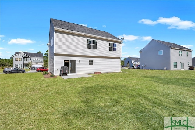 back of property featuring a patio and a lawn