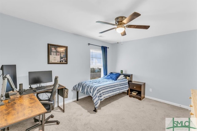 carpeted bedroom featuring ceiling fan