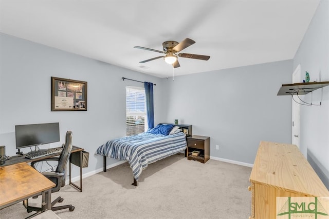 carpeted bedroom with ceiling fan