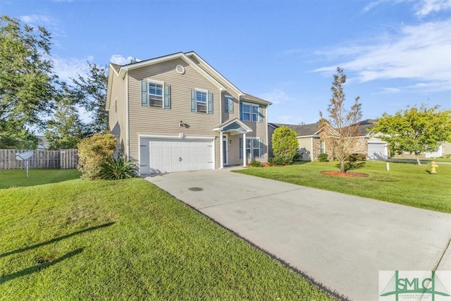 view of front of property with a front yard and a garage