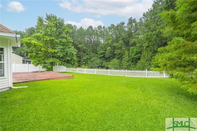 view of yard with a wooden deck and a fenced backyard