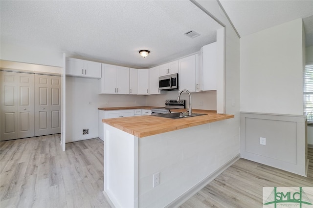 kitchen featuring kitchen peninsula, white cabinets, a textured ceiling, light hardwood / wood-style flooring, and stainless steel appliances