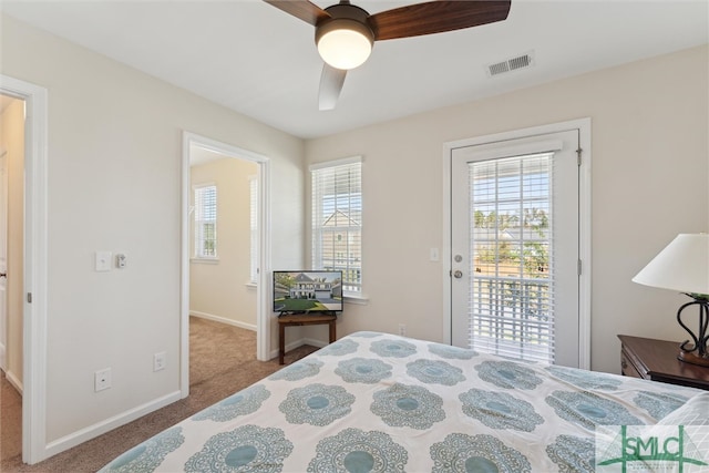 bedroom featuring carpet flooring, access to exterior, and ceiling fan