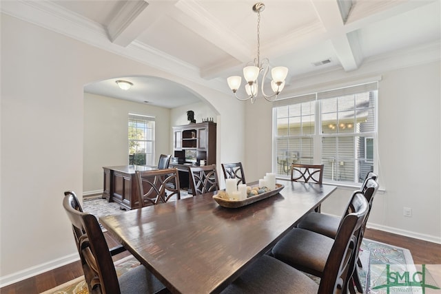 dining space featuring a chandelier, dark hardwood / wood-style floors, beamed ceiling, crown molding, and coffered ceiling