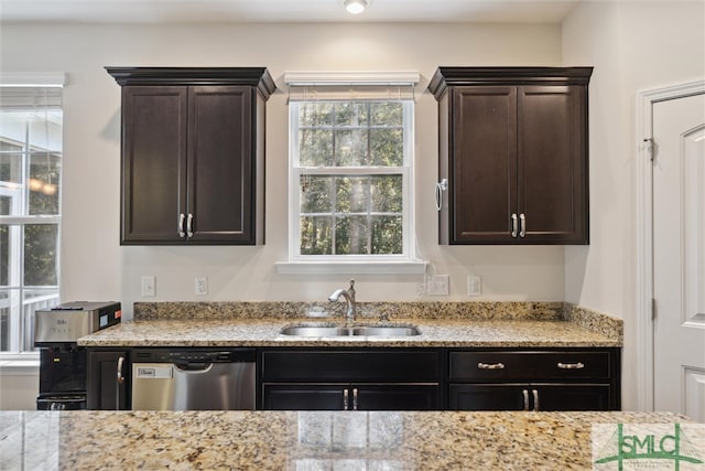 kitchen featuring dark brown cabinetry, sink, and stainless steel dishwasher