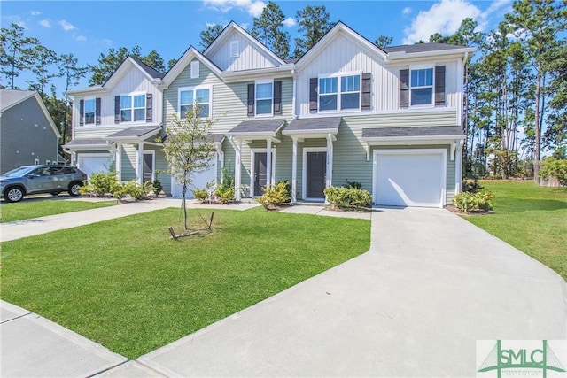 110 Benelli Dr, Pooler, GA 31322 - townhome / multi-family property with board and batten siding, an attached garage, driveway, and a front lawn