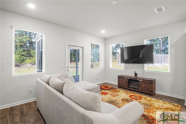 living room with dark hardwood / wood-style floors