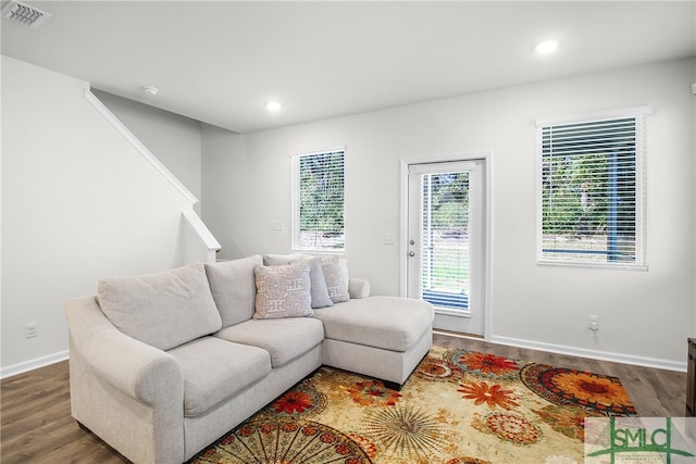 living room with dark hardwood / wood-style flooring